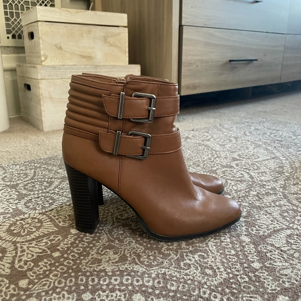 Express camel high buckled booties